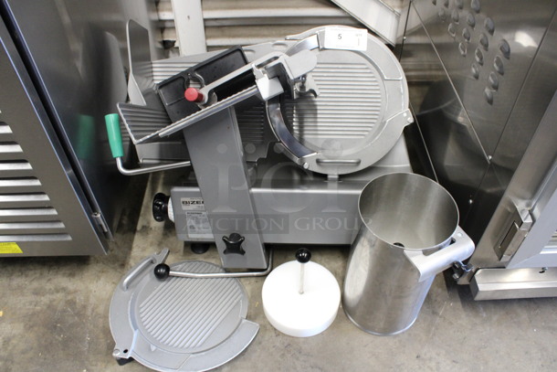2016 Bizerba Stainless Steel Commercial Countertop Meat Slicer w/ Blade Sharpener, Vegetable Chute, Extra Pusher and Extra Blade Cover. 120 Volts, 1 Phase. 29x24x26. Tested and Working! - Image 2 of 7