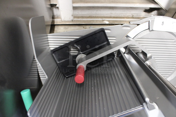 2016 Bizerba Stainless Steel Commercial Countertop Meat Slicer w/ Blade Sharpener, Vegetable Chute, Extra Pusher and Extra Blade Cover. 120 Volts, 1 Phase. 29x24x26. Tested and Working! - Image 5 of 7