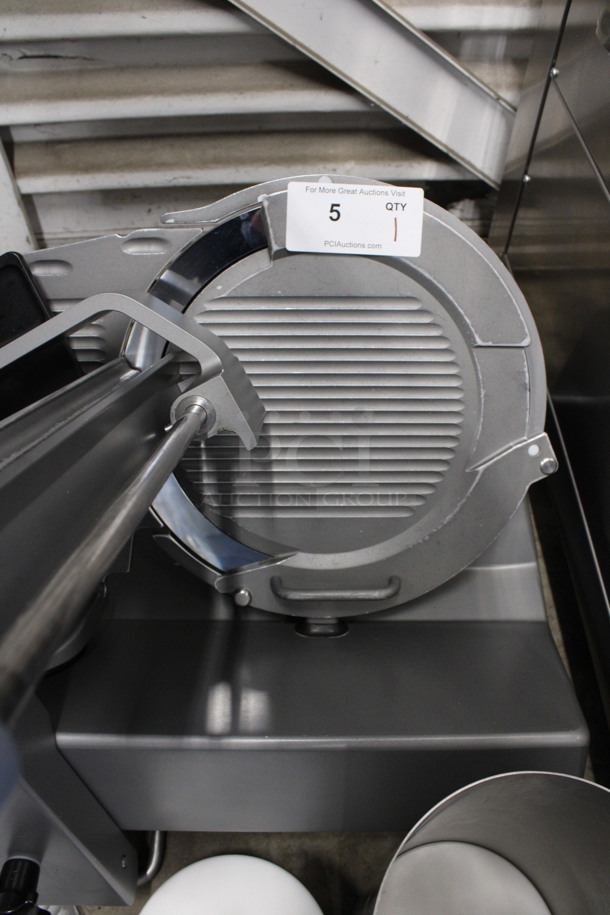 2016 Bizerba Stainless Steel Commercial Countertop Meat Slicer w/ Blade Sharpener, Vegetable Chute, Extra Pusher and Extra Blade Cover. 120 Volts, 1 Phase. 29x24x26. Tested and Working! - Image 6 of 7