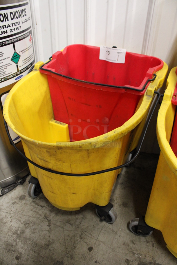 Yellow and Red Poly Mop Bucket on Commercial Casters. 16x21x18 - Image 2 of 3