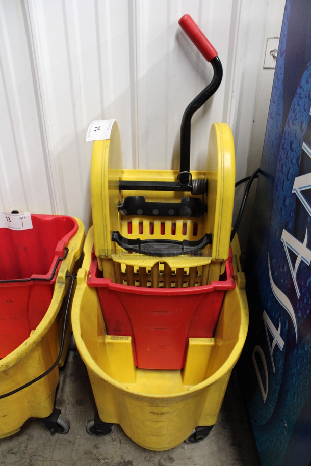 Yellow and Red Poly Mop Bucket w/ Wringing Attachment on Commercial Casters. 16x21x38