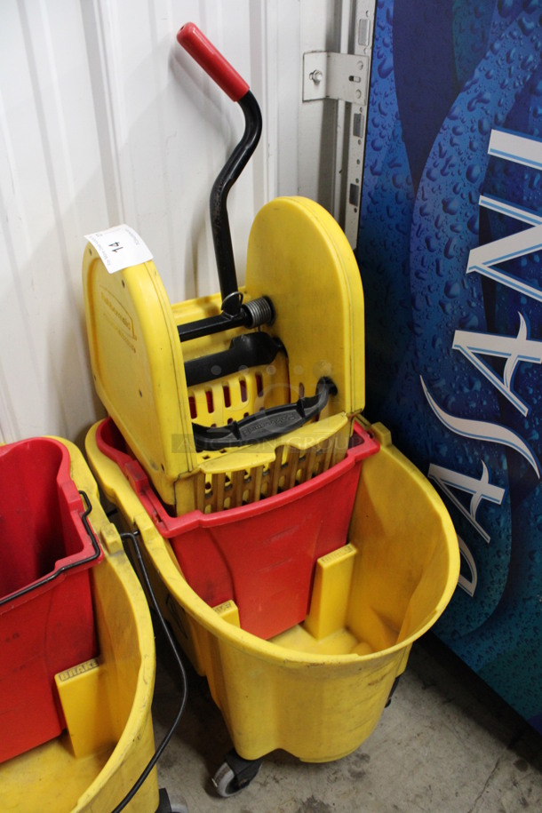 Yellow and Red Poly Mop Bucket w/ Wringing Attachment on Commercial Casters. 16x21x38 - Image 2 of 3