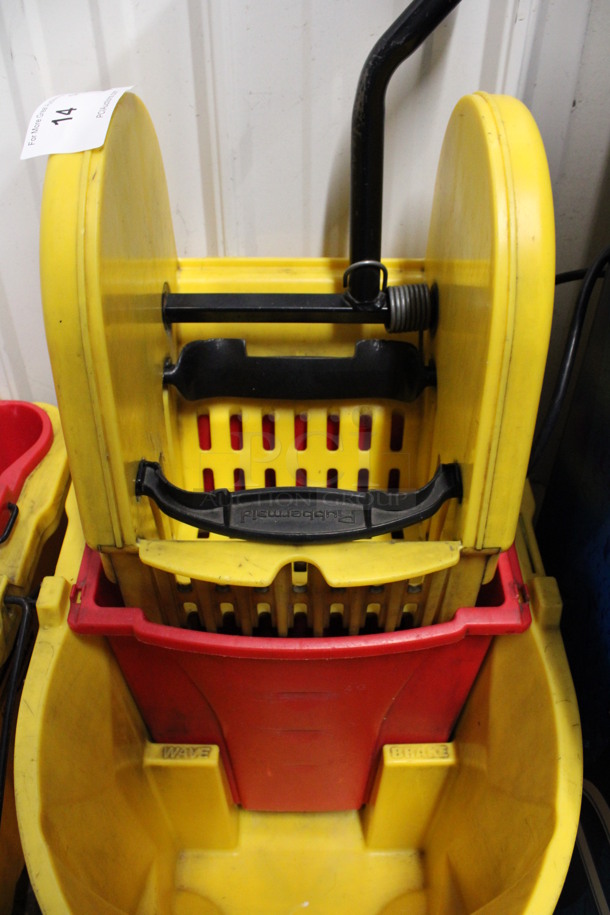 Yellow and Red Poly Mop Bucket w/ Wringing Attachment on Commercial Casters. 16x21x38 - Image 3 of 3