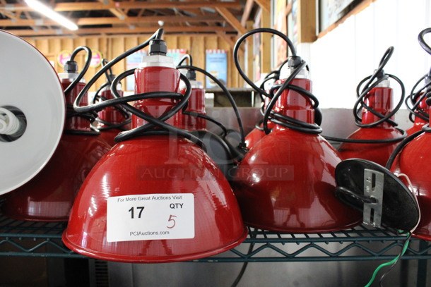 5 Red Metal Light Fixtures w/ White Interior. 10x10x12. 5 Times Your Bid!