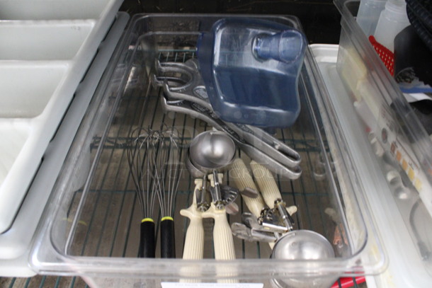 ALL ONE MONEY! Lot of Various Utensils Including Ice Cream Scoopers, Whisks and Barrel Openers in Clear Full Size Drop In Bin! - Image 1 of 4