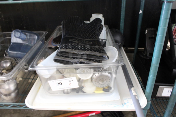 ALL ONE MONEY! Lot of Various Items Including Oven Mitts, Condiment Bottles and Scissors in Clear Full Size Drop In Bin! - Image 1 of 4