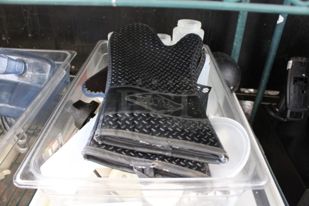 ALL ONE MONEY! Lot of Various Items Including Oven Mitts, Condiment Bottles and Scissors in Clear Full Size Drop In Bin! - Image 2 of 4