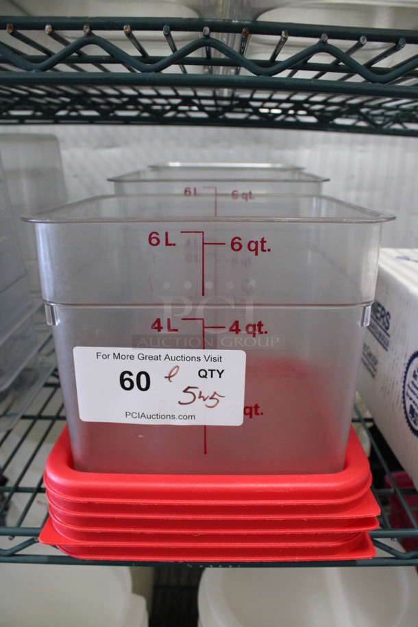 ALL ONE MONEY! Lot of 5 Clear Poly 6 Quart Bins w/ 5 Red Lids! 9x9x7 - Image 1 of 2