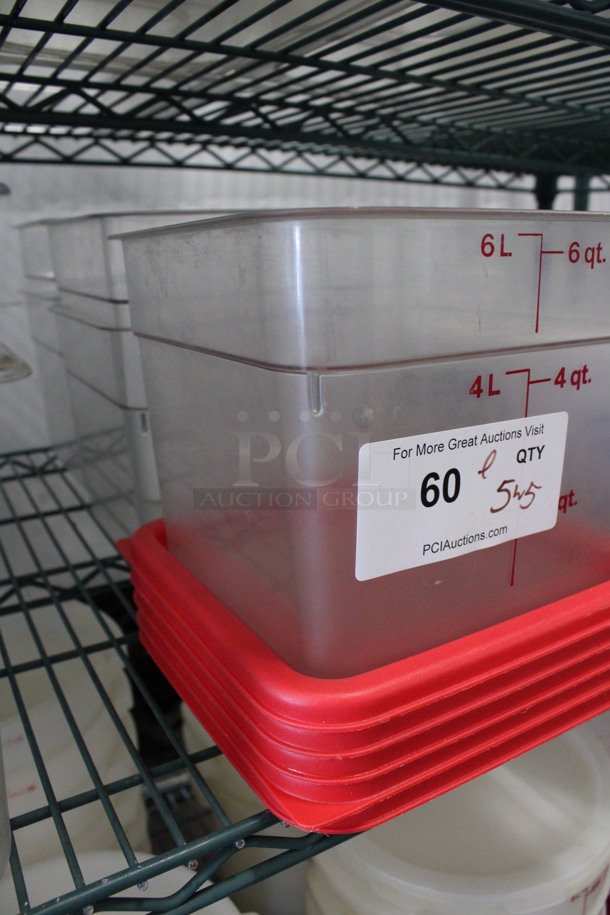 ALL ONE MONEY! Lot of 5 Clear Poly 6 Quart Bins w/ 5 Red Lids! 9x9x7 - Image 2 of 2