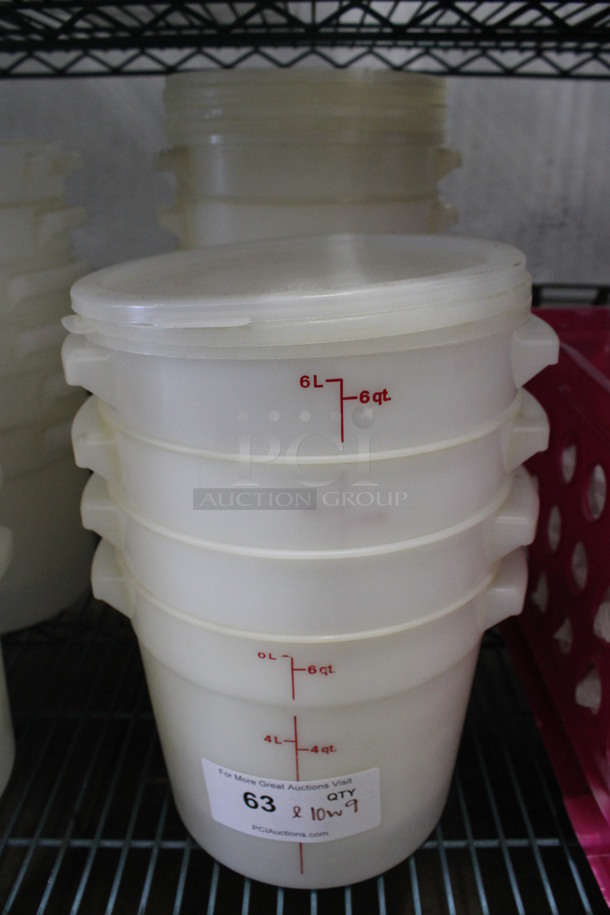 ALL ONE MONEY! Lot of 10 White Poly 6 Quart Straining Containers w/ 9 Lids! 10.5x9x8