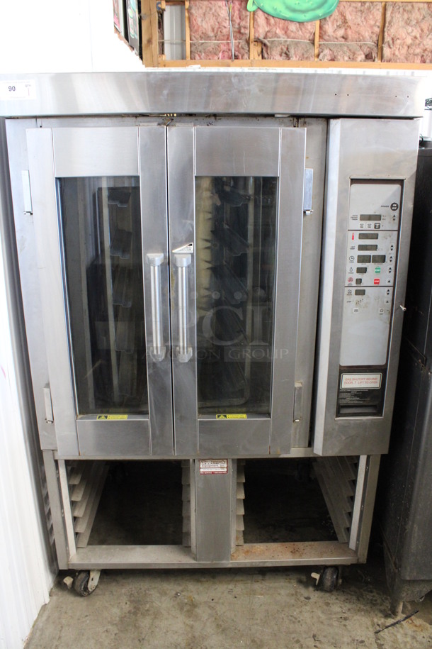 Hobart/Baxter Stainless Steel Commercial Natural Gas Powered Mini Rotating Rack Oven w/ Lower Double Pan Rack on Commercial Casters. 48x35x75