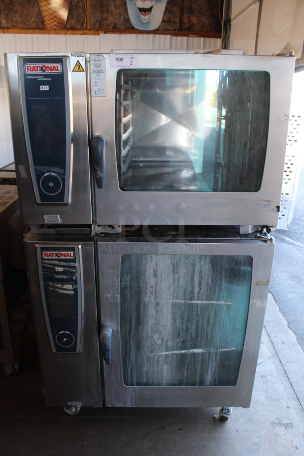 2 Rational 5Senses Stainless Steel Commercial Combitherm Self Cooking Center Convection Ovens on Commercial Casters. Top Model: SCC WE 62. Bottom Model: SCC WE 102. 480 Volts, 3 Phase. 42x40x73. 2 Times Your Bid!