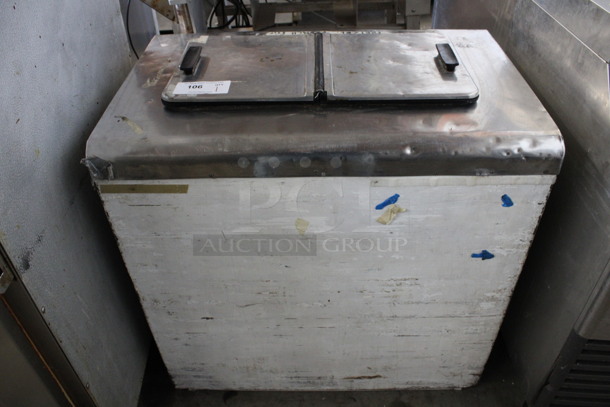 Metal Commercial Floor Style Chest Freezer w/ Center Hinge Lid. 32x21x35. Tested and Powers On But Does Not Get Cold