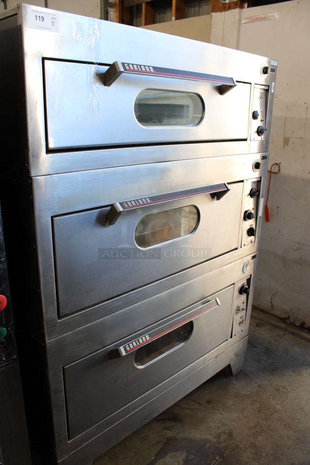 3 Garland Model 2155 Stainless Steel Commercial Electric Powered Single Deck Pizza Ovens. 480 Volts, 3 Phase. 55x36x76. 3 Times Your Bid!