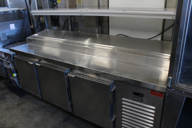Kairak Model KBP-91S Stainless Steel Commercial Prep Table w/ Over Shelf on Commercial Casters. 115 Volts, 1 Phase. 91x34x58. Tested and Working!
