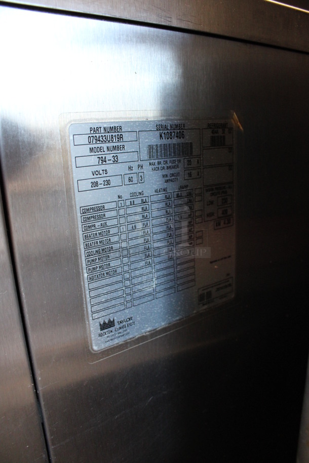 Taylor Model 794-33 Stainless Steel Commercial Floor Style Water Cooled 2 Flavor w/ Twist Soft Serve Ice Cream Machine on Commercial Casters. 208-230 Volts, 3 Phase. 20x34x59 - Image 6 of 6