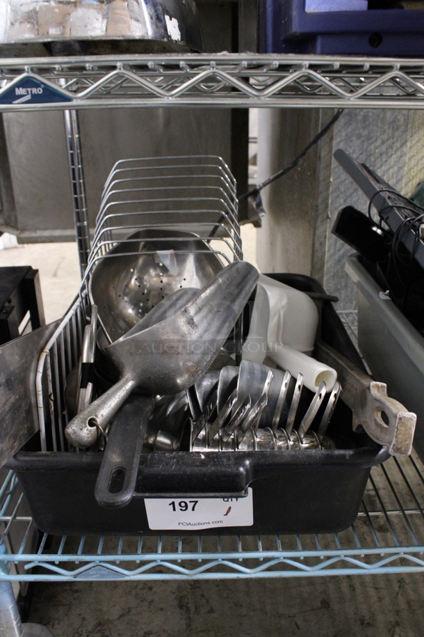ALL ONE MONEY! Lot of Various Items Including Metal Ice Scoops, Metal Dry Measuring Cups and Rack in Black Poly Bus Bin! - Image 1 of 4