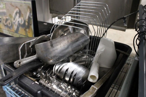 ALL ONE MONEY! Lot of Various Items Including Metal Ice Scoops, Metal Dry Measuring Cups and Rack in Black Poly Bus Bin! - Image 3 of 4