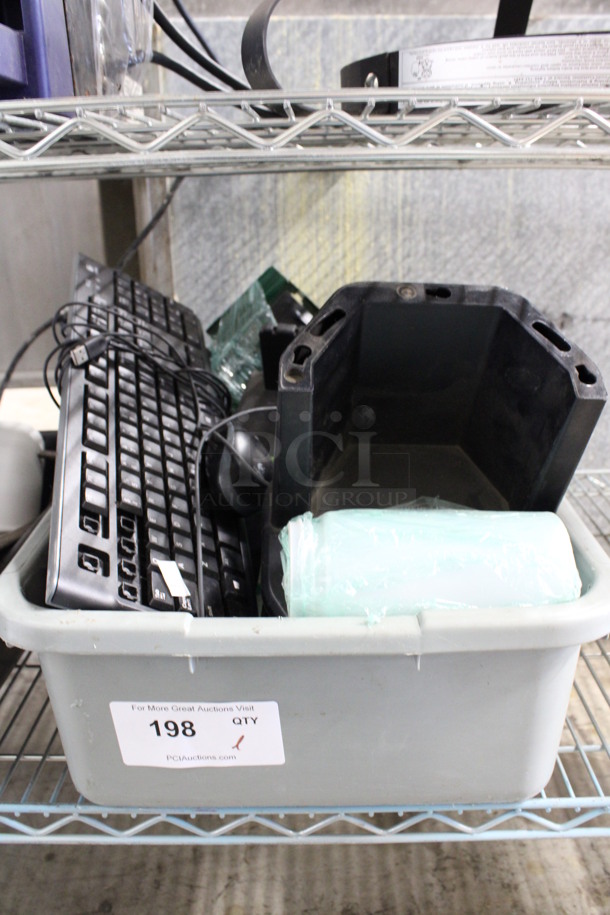 ALL ONE MONEY! Lot of Various Items Including Keyboard, Mesh Desk Bins and Plastic Strips in Gray Poly Bus Bin! - Image 1 of 3