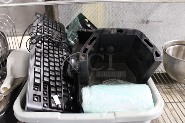 ALL ONE MONEY! Lot of Various Items Including Keyboard, Mesh Desk Bins and Plastic Strips in Gray Poly Bus Bin! - Image 2 of 3