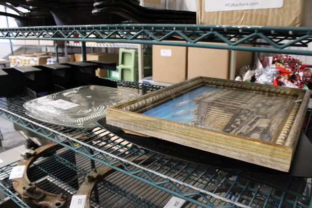 ALL ONE MONEY! Lot of Various Items Including 2 Glass Trays, Framed Picture, Glass Pane and Black Poly Holder! - Image 1 of 4