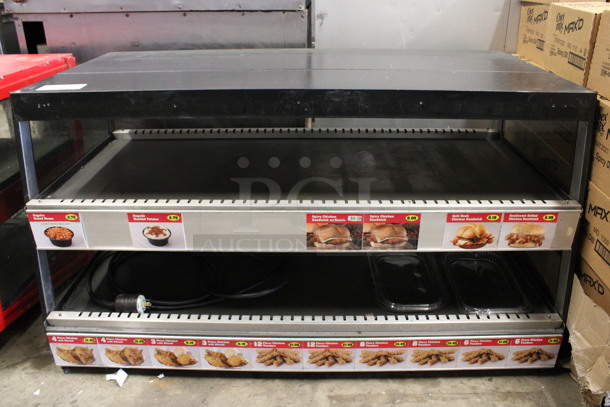 Black Metal Commercial Countertop 2 Tier Warming Display Case Merchandiser. 208 Volts, 1 Phase. 52x27x28