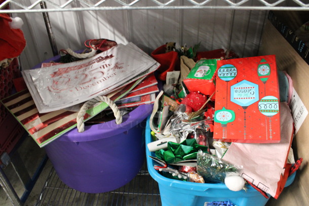 ALL ONE MONEY! Shelf Lot of Various Christmas Items and Decorations Including Tissue Paper and Garland! Some Items Are Brand New. Does Not Include Shelving Unit. - Image 2 of 6