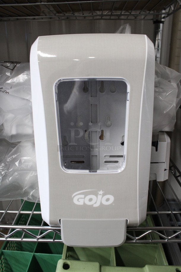 5 BRAND NEW! Gojo White and Gray Poly Wall Mount Soap Dispensers. 6x5.5x11.5. 5 Times Your Bid!