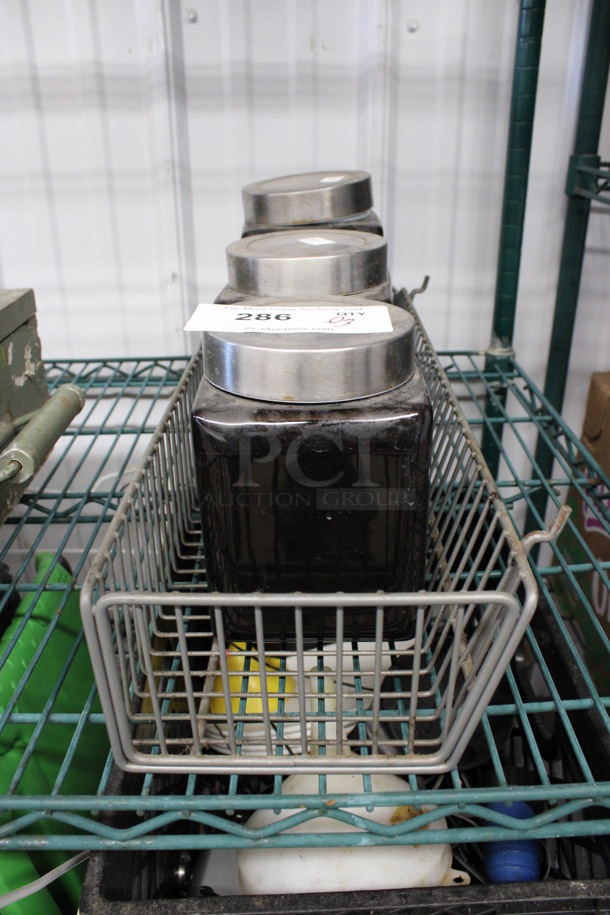 ALL ONE MONEY! Lot of 3 Jars w/ Lids in Gray Basket! Includes 4.5x4.5x7 - Image 1 of 3
