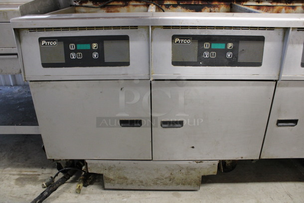 Pitco Frialator Model SG18 Stainless Steel Commercial Natural Gas Powered 4 Bay Deep Fat Fryer w/ Filtration System on Commercial Casters. 140,000 BTU. 79x34x47 - Image 3 of 12