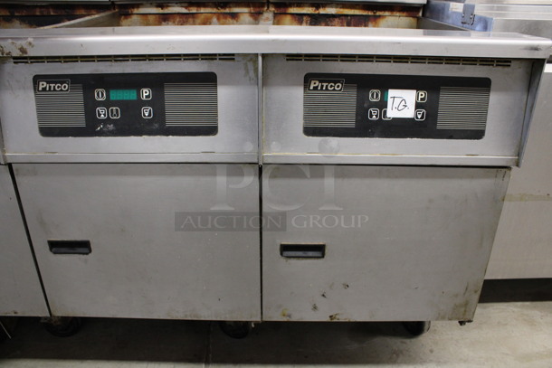 Pitco Frialator Model SG18 Stainless Steel Commercial Natural Gas Powered 4 Bay Deep Fat Fryer w/ Filtration System on Commercial Casters. 140,000 BTU. 79x34x47 - Image 6 of 12