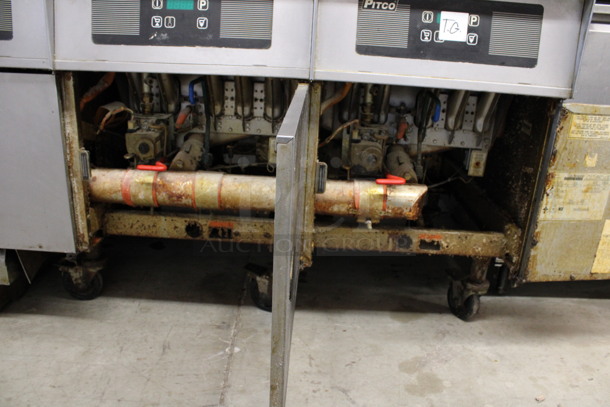 Pitco Frialator Model SG18 Stainless Steel Commercial Natural Gas Powered 4 Bay Deep Fat Fryer w/ Filtration System on Commercial Casters. 140,000 BTU. 79x34x47 - Image 7 of 12