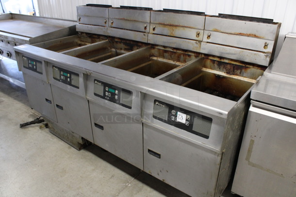 Pitco Frialator Model SG18 Stainless Steel Commercial Natural Gas Powered 4 Bay Deep Fat Fryer w/ Filtration System on Commercial Casters. 140,000 BTU. 79x34x47 - Image 12 of 12