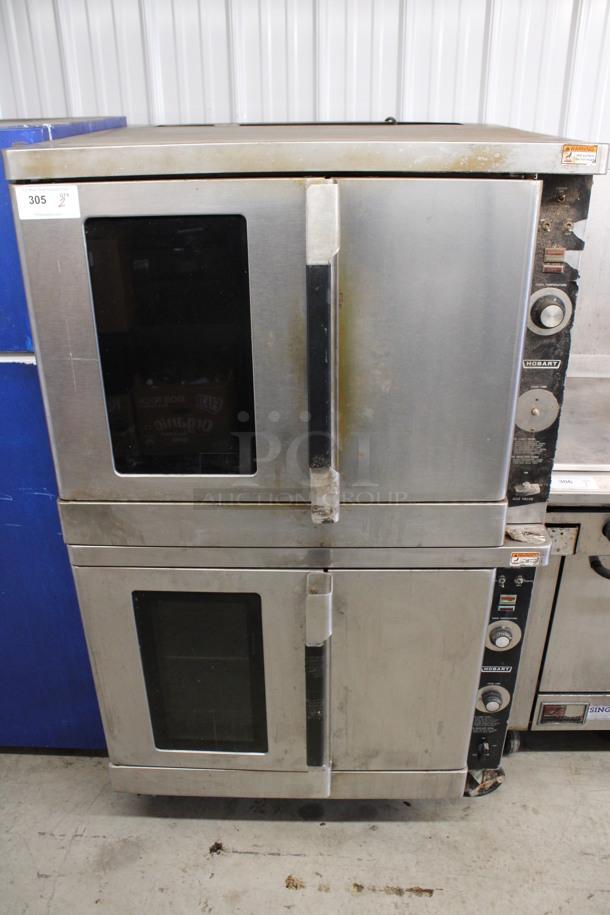 2 Hobart Stainless Steel Commercial Natural Gas Powered Full Size Convection Oven w/ View Through Door, Solid Door, Metal Oven Racks and Thermostatic Controls on Commercial Casters. 38x37x64. 2 Times Your Bid!