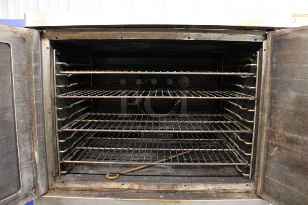 2 Hobart Stainless Steel Commercial Natural Gas Powered Full Size Convection Oven w/ View Through Door, Solid Door, Metal Oven Racks and Thermostatic Controls on Commercial Casters. 38x37x64. 2 Times Your Bid! - Image 7 of 7