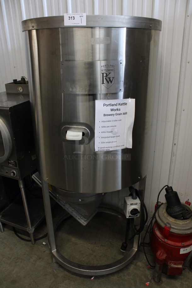 Portland Kettle Works Stainless Steel Commercial Floor Style 60 Pound Capacity Brewery Grain Mill. 220 Volts, 1 Phase. 32x32x70