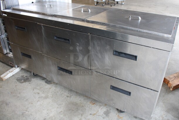 2015 Delfield Model D4472N-30M-A10 Stainless Steel Commercial Prep Table w/ 3 Lids and 6 Drawers on Commercial Casters. 115 Volts, 1 Phase. 72x32x37. Tested and Working! - Image 1 of 9