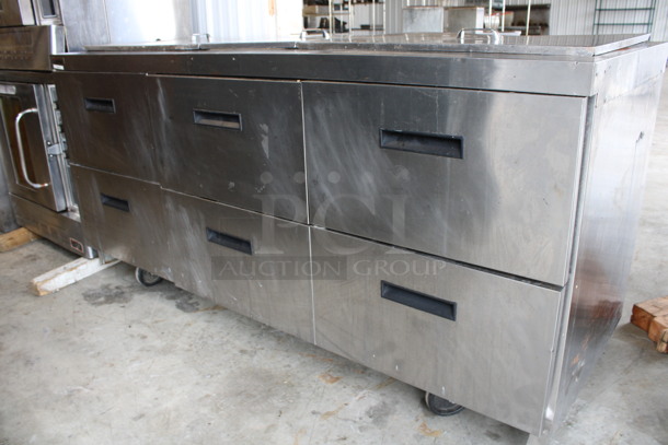 2015 Delfield Model D4472N-30M-A10 Stainless Steel Commercial Prep Table w/ 3 Lids and 6 Drawers on Commercial Casters. 115 Volts, 1 Phase. 72x32x37. Tested and Working! - Image 3 of 9