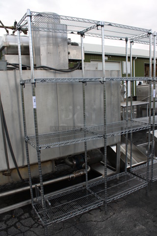 Chrome Finish 4 Tier Shelving Unit w/ 6 Poles. BUYER MUST DISMANTLE. PCI CANNOT DISMANTLE FOR SHIPPING. PLEASE CONSIDER FREIGHT CHARGES. 60x18x86. Each Metro Is 30" Wide.