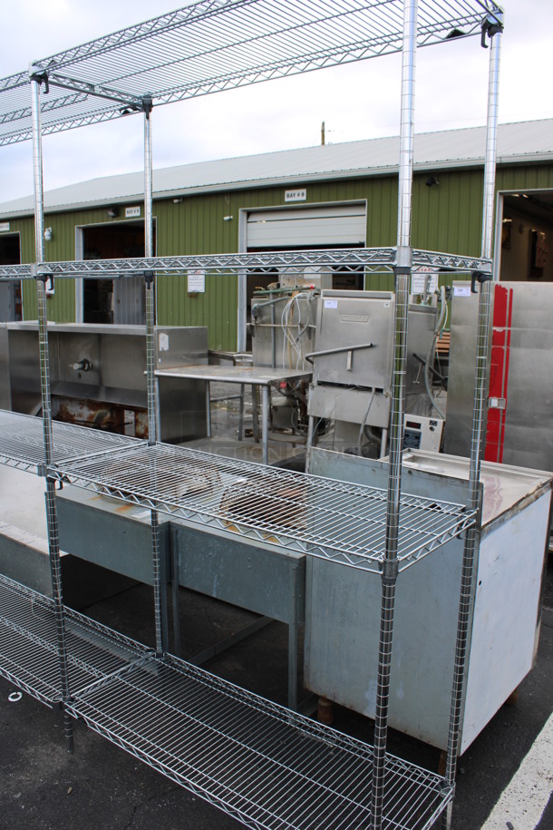 Chrome Finish 4 Tier Shelving Unit w/ 6 Poles. BUYER MUST DISMANTLE. PCI CANNOT DISMANTLE FOR SHIPPING. PLEASE CONSIDER FREIGHT CHARGES. 108x18x86. Metros Are 60" and 48" Wide. - Image 2 of 5