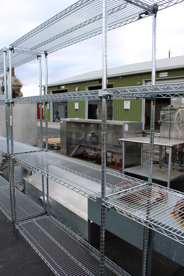 Chrome Finish 4 Tier Shelving Unit w/ 6 Poles. BUYER MUST DISMANTLE. PCI CANNOT DISMANTLE FOR SHIPPING. PLEASE CONSIDER FREIGHT CHARGES. 108x18x86. Metros Are 60" and 48" Wide. - Image 3 of 5