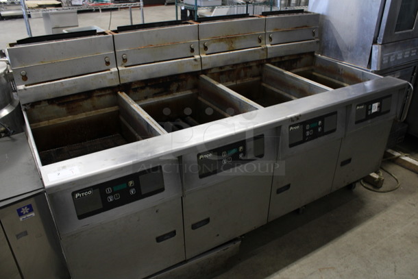 Pitco Frialator Model SG18 Stainless Steel Commercial Natural Gas Powered 4 Bay Deep Fat Fryer w/ Filtration System on Commercial Casters. 140,000 BTU. 79x35x46 - Image 2 of 8