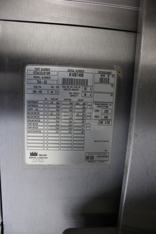Taylor Model 794-33 Stainless Steel Commercial Floor Style Water Cooled 2 Flavor w/ Twist Soft Serve Ice Cream Machine on Commercial Casters. 208-230 Volts, 3 Phase. 20x34x59 - Image 7 of 7