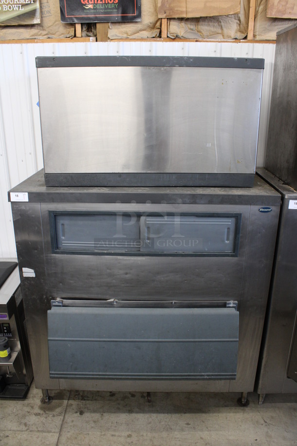 Scotsman Model CME2006RS-3C Stainless Steel Commercial Ice Machine Head on Follett Stainless Steel Commercial Ice Bin. 208/230 Volts, 3 Phase. 60x42x89