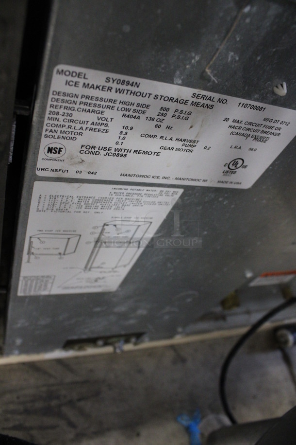2012 Manitowoc Model SY0894N Stainless Steel Commercial Ice Machine Head w/ Manitowoc Model JC0495 Remote Fan. 208-230 Volts, 1 Phase. 30x25x27 - Image 6 of 12