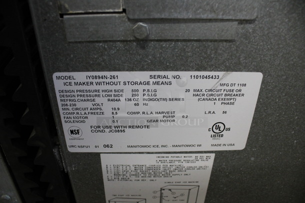2011 Manitowoc Model IY0694N-261 Stainless Steel Commercial Ice Machine Head w/ Manitowoc Model JC0895 Remote Fan. 208-230 Volts, 1 Phase. 30x25x27 - Image 5 of 11
