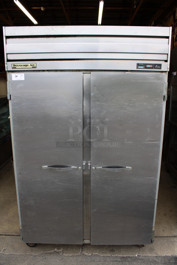 Beverage Air Model EF48-1AS Stainless Steel Commercial 2 Door Reach In Freezer w/ Poly Coated Racks on Commercial Casters. 115 Volts, 1 Phase. 52x34x84. Cannot Test Due To Cut Power Cord