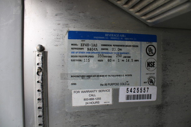 Beverage Air Model EF48-1AS Stainless Steel Commercial 2 Door Reach In Freezer w/ Poly Coated Racks on Commercial Casters. 115 Volts, 1 Phase. 52x34x84. Cannot Test Due To Cut Power Cord - Image 5 of 7