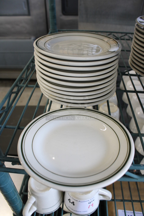 13 White Ceramic Plates w/ Green Lines on Rim. 5.5x5.5x1.5. 13 Times Your Bid!