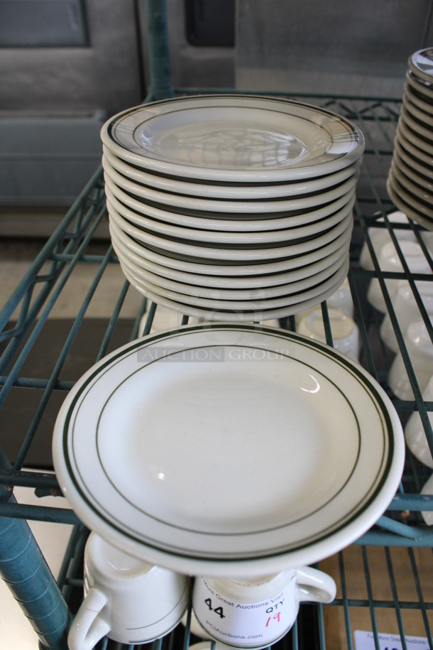 13 White Ceramic Plates w/ Green Lines on Rim. 5.5x5.5x1.5. 13 Times Your Bid! - Image 1 of 3